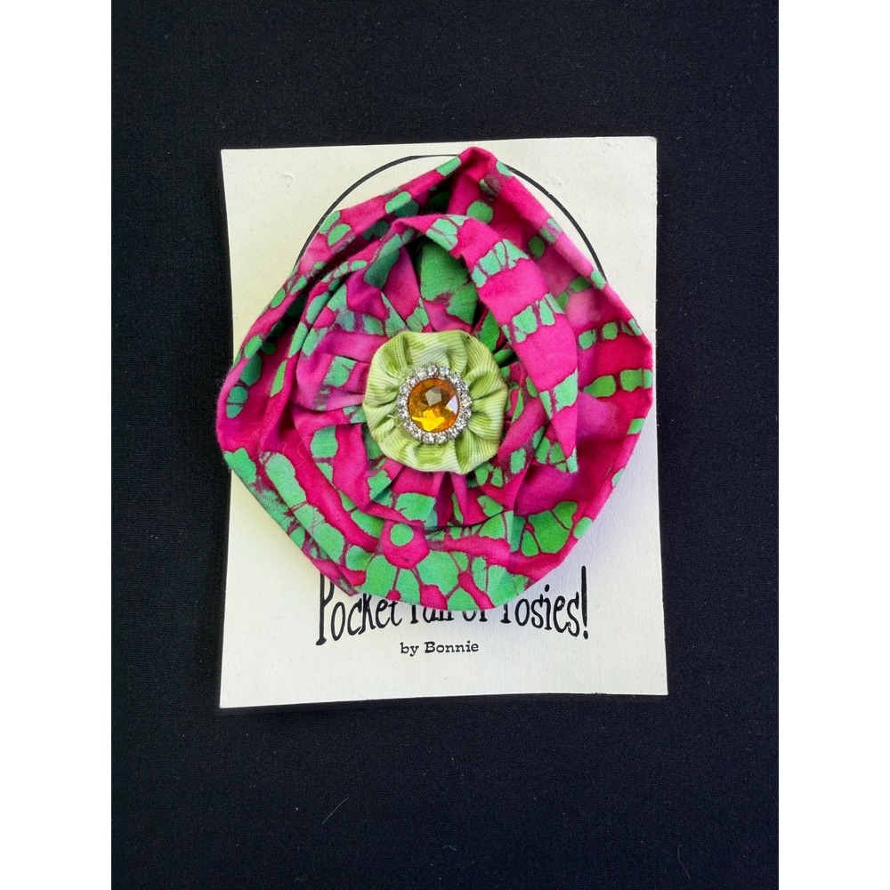 Pocket Full of Posies Fabric Flower Pin Pink Green Rhinestone Brooch Artsy Boho - Picture 5 of 5